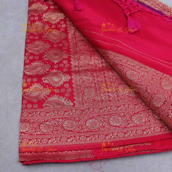 Royal Purple Banarasi Silk Saree with Intricate Red Zari Border - Sparkle and Glow - Purple with Red - 
