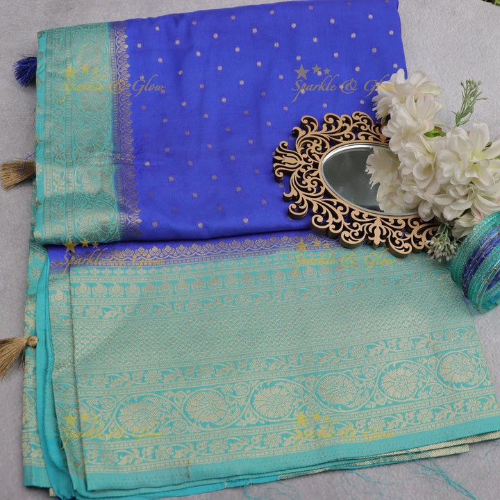 Royal Purple Banarasi Silk Saree with Intricate Red Zari Border - Sparkle and Glow - Royal Blue with Sea green - 