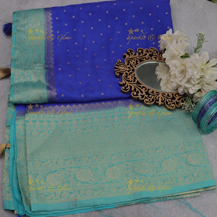 Royal Purple Banarasi Silk Saree with Intricate Red Zari Border - Sparkle and Glow - Royal Blue with Sea green - 