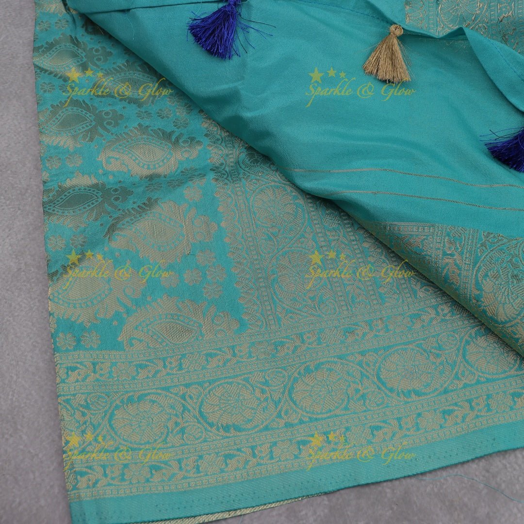 Royal Purple Banarasi Silk Saree with Intricate Red Zari Border - Sparkle and Glow - Royal Blue with Sea green - 