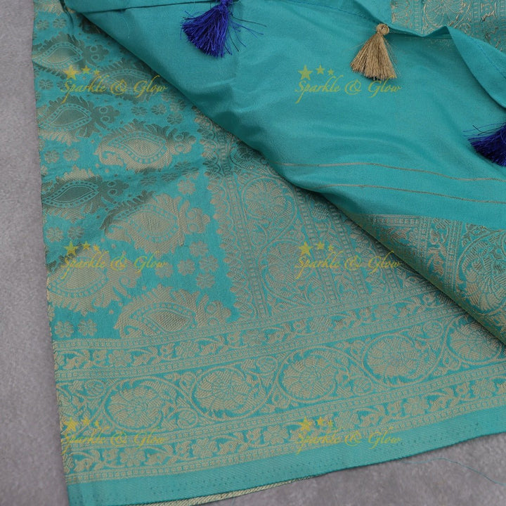 Royal Purple Banarasi Silk Saree with Intricate Red Zari Border - Sparkle and Glow - Royal Blue with Sea green - 
