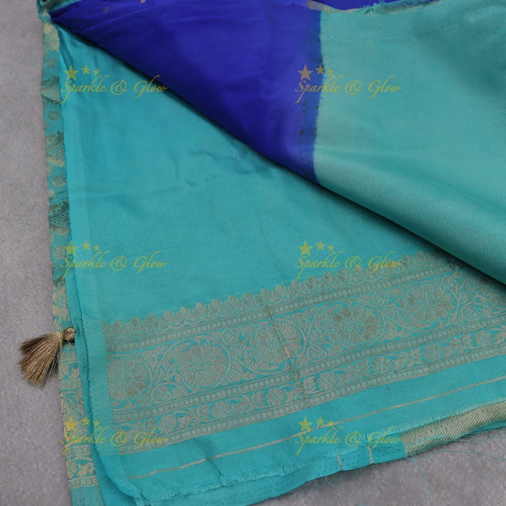 Royal Purple Banarasi Silk Saree with Intricate Red Zari Border - Sparkle and Glow - Royal Blue with Sea green - 