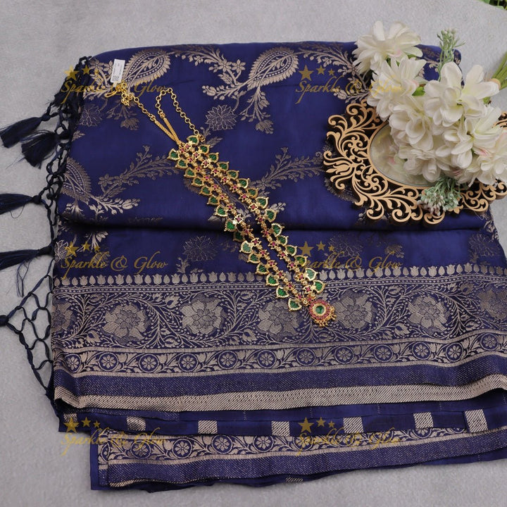 Midnight Blue Banarasi Silk Saree with Silver Zari Floral Weave - Sparkle and Glow - 