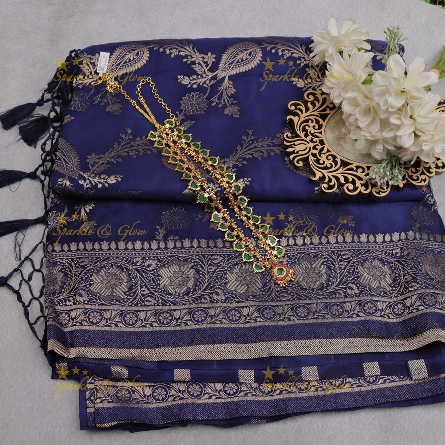 Midnight Blue Banarasi Silk Saree with Silver Zari Floral Weave - Sparkle and Glow - 