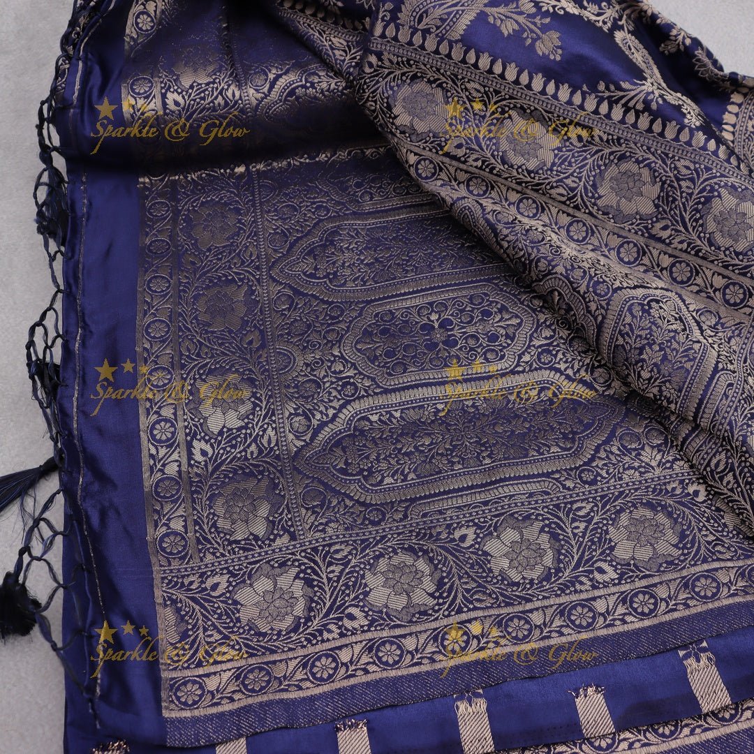 Midnight Blue Banarasi Silk Saree with Silver Zari Floral Weave - Sparkle and Glow - 