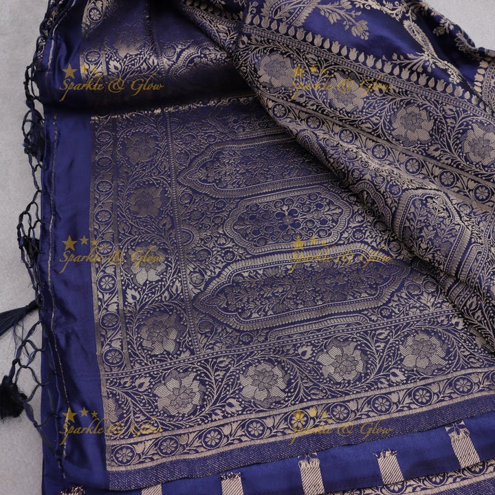 Midnight Blue Banarasi Silk Saree with Silver Zari Floral Weave - Sparkle and Glow - 