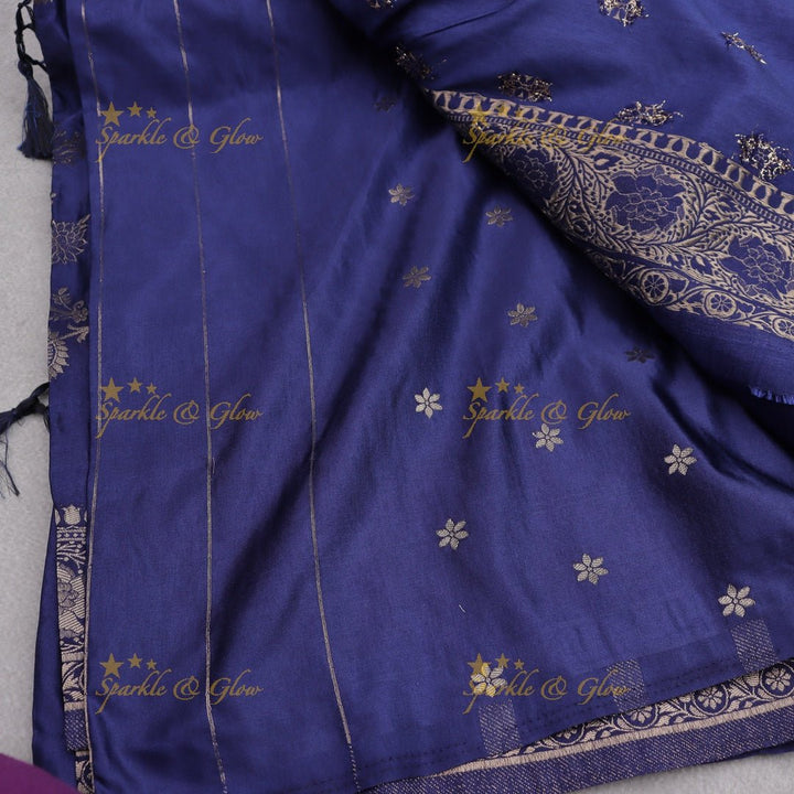 Midnight Blue Banarasi Silk Saree with Silver Zari Floral Weave - Sparkle and Glow - 