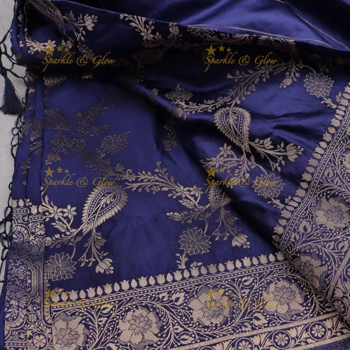 Midnight Blue Banarasi Silk Saree with Silver Zari Floral Weave - Sparkle and Glow - 
