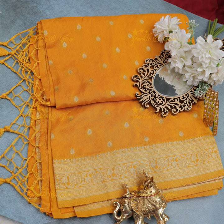 Mustard Yellow Banarasi raspberry Georgette Saree with Golden Zari weaving Border - Sparkle and Glow - 