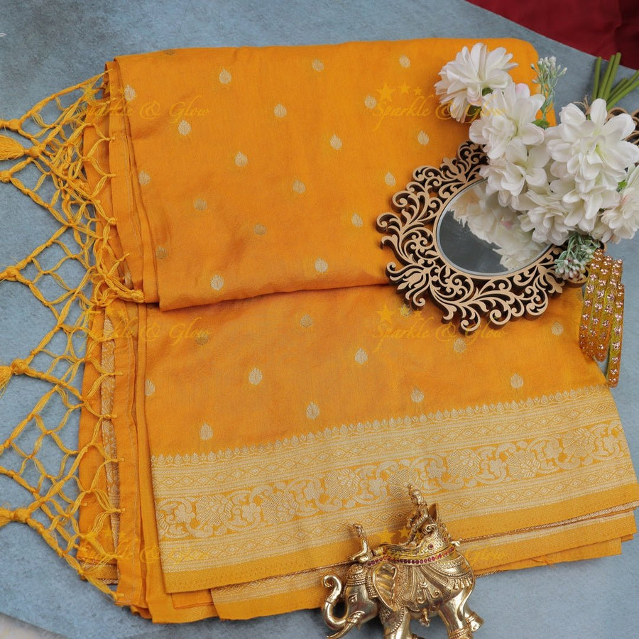 Mustard Yellow Banarasi raspberry Georgette Saree with Golden Zari weaving Border - Sparkle and Glow - 