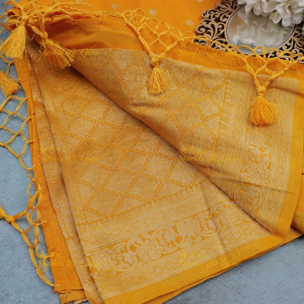 Mustard Yellow Banarasi raspberry Georgette Saree with Golden Zari weaving Border - Sparkle and Glow - 