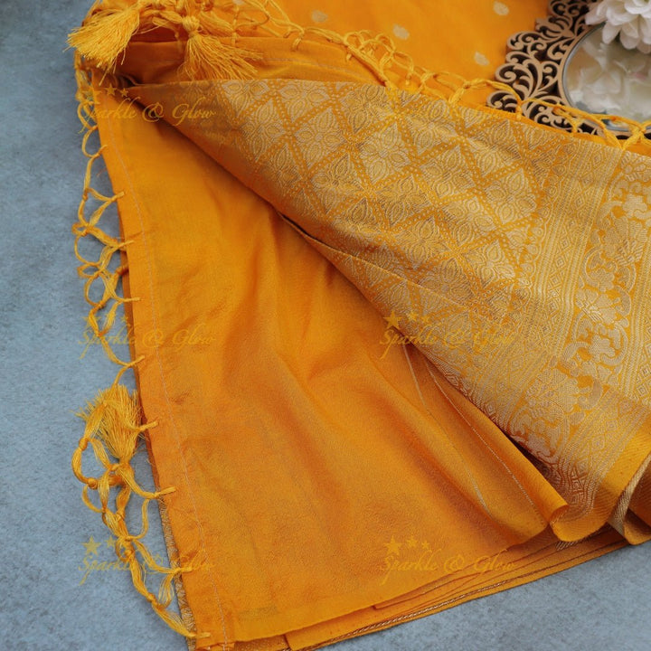 Mustard Yellow Banarasi raspberry Georgette Saree with Golden Zari weaving Border - Sparkle and Glow - 