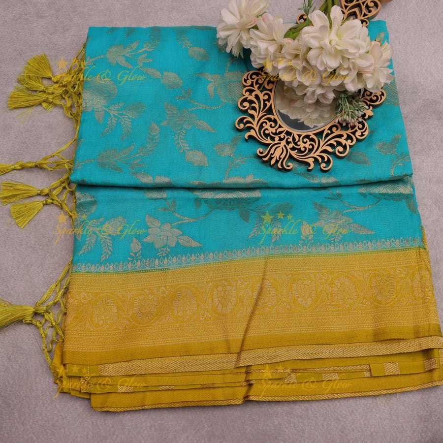 Turquoise Blue Banarasi Silk Saree with Mustard Yellow Zari Border - Sparkle and Glow - 