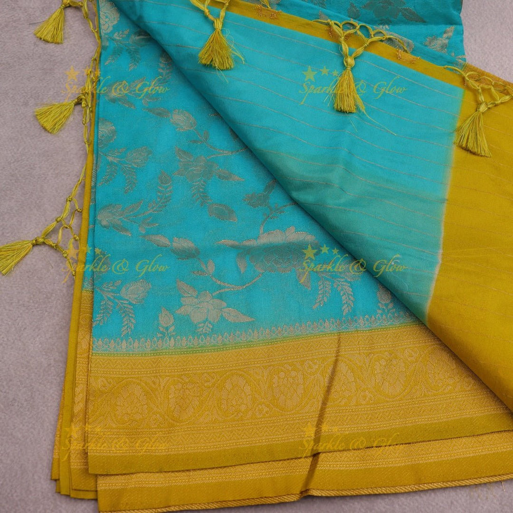 Turquoise Blue Banarasi Silk Saree with Mustard Yellow Zari Border - Sparkle and Glow - 