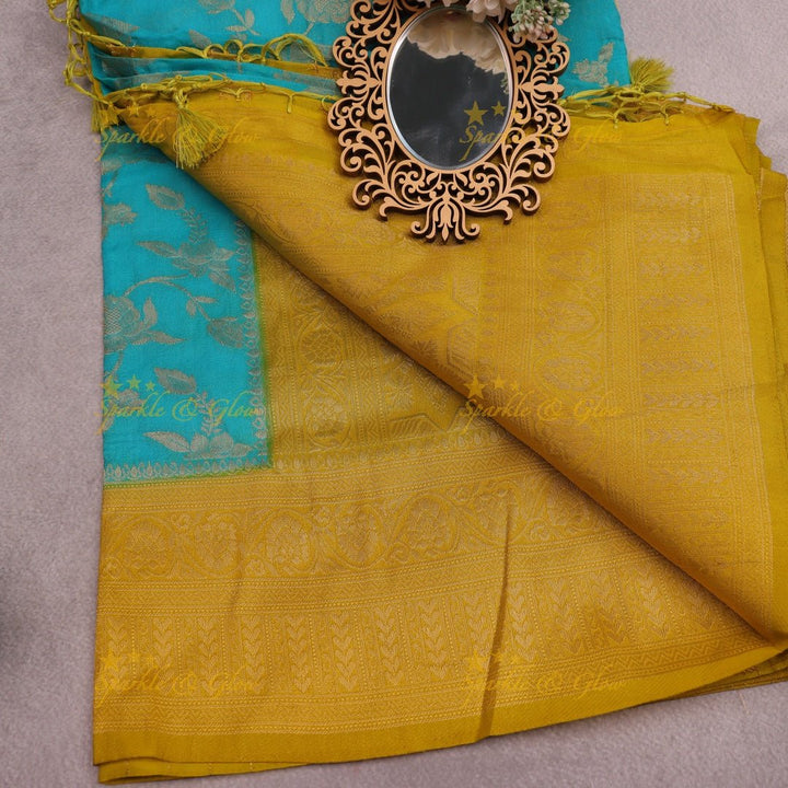 Turquoise Blue Banarasi Silk Saree with Mustard Yellow Zari Border - Sparkle and Glow - 