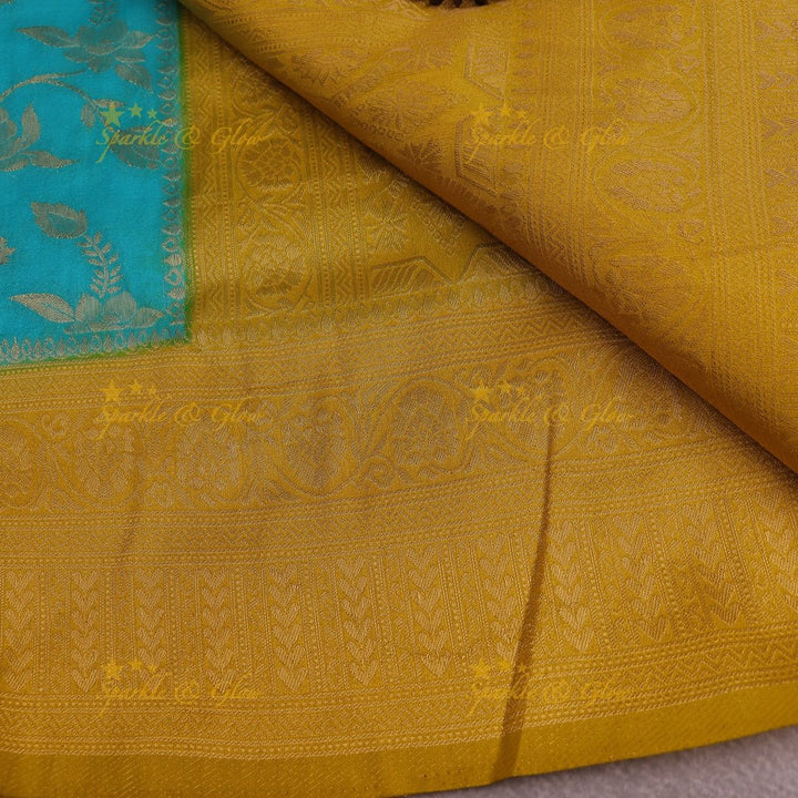 Turquoise Blue Banarasi Silk Saree with Mustard Yellow Zari Border - Sparkle and Glow - 
