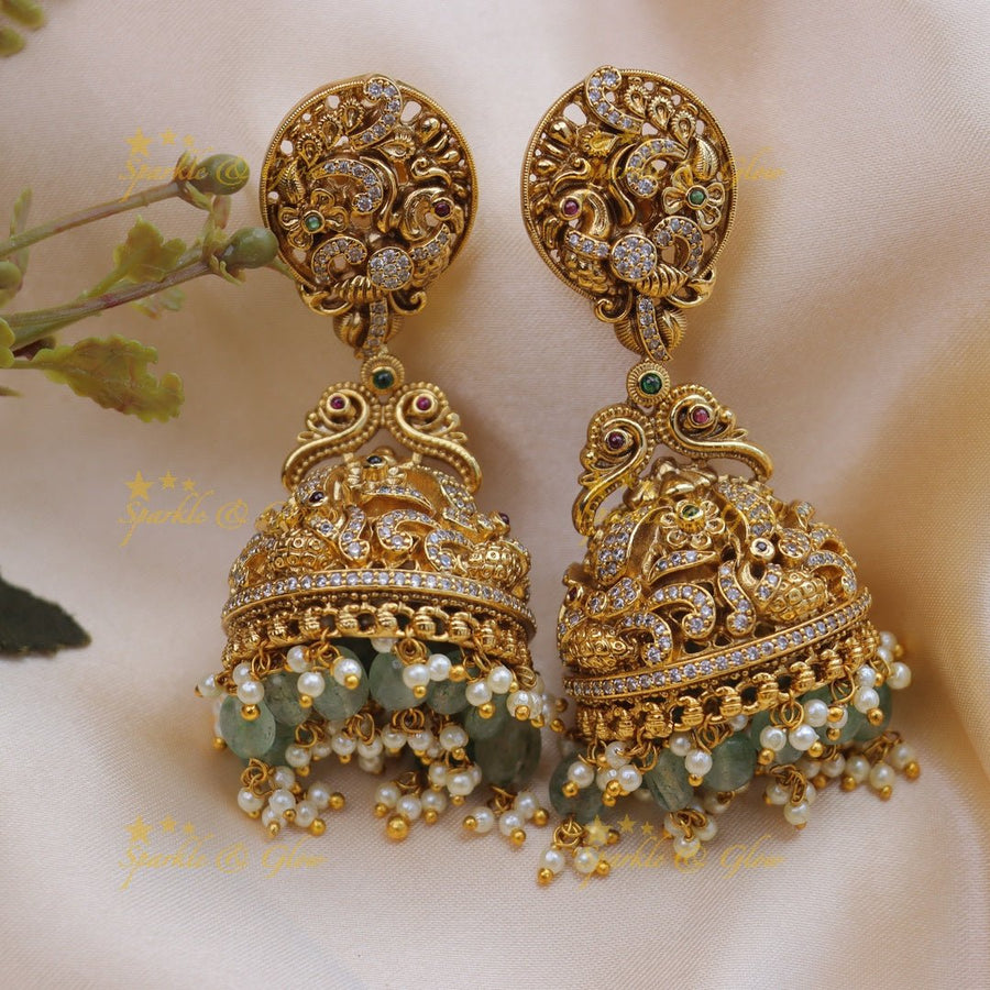 Stunning Cz Stones peacock design and mint green beads jhumukas - Sparkle and Glow - 