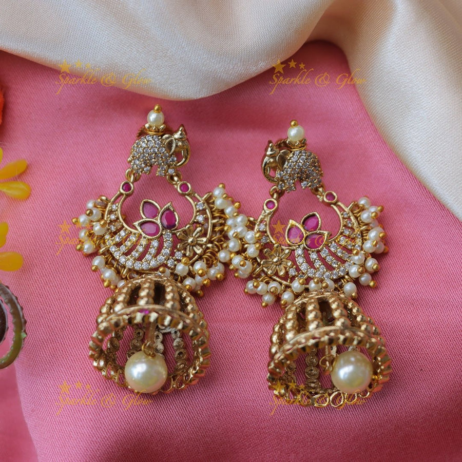 Grand pearl and CZ stones jhumukas - Sparkle and Glow - 