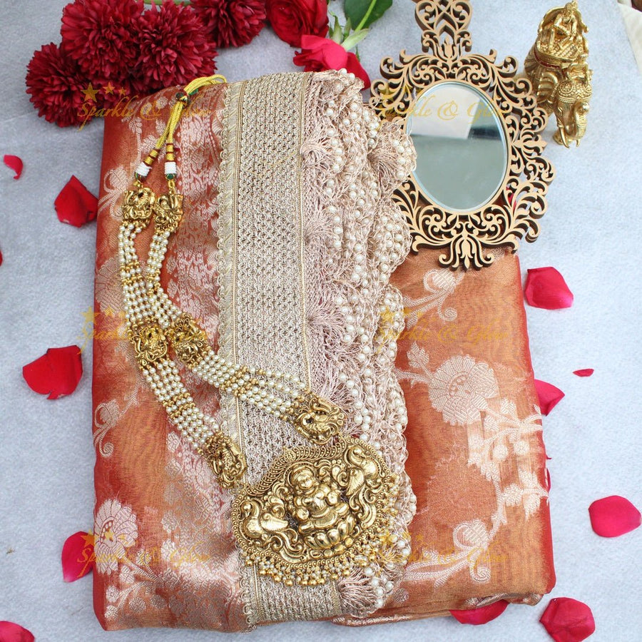 Peach Gold Banarasi Silk Saree with Intricate Floral Zari Weave - Sparkle and Glow - 