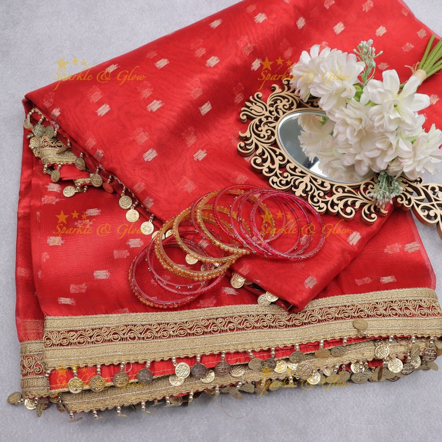 Festive Red Banarasi Silk Saree with Gold Sequin Border & Coin Detailing - Sparkle and Glow - 