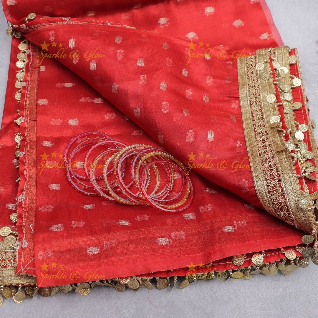Festive Red Banarasi Silk Saree with Gold Sequin Border & Coin Detailing - Sparkle and Glow - 
