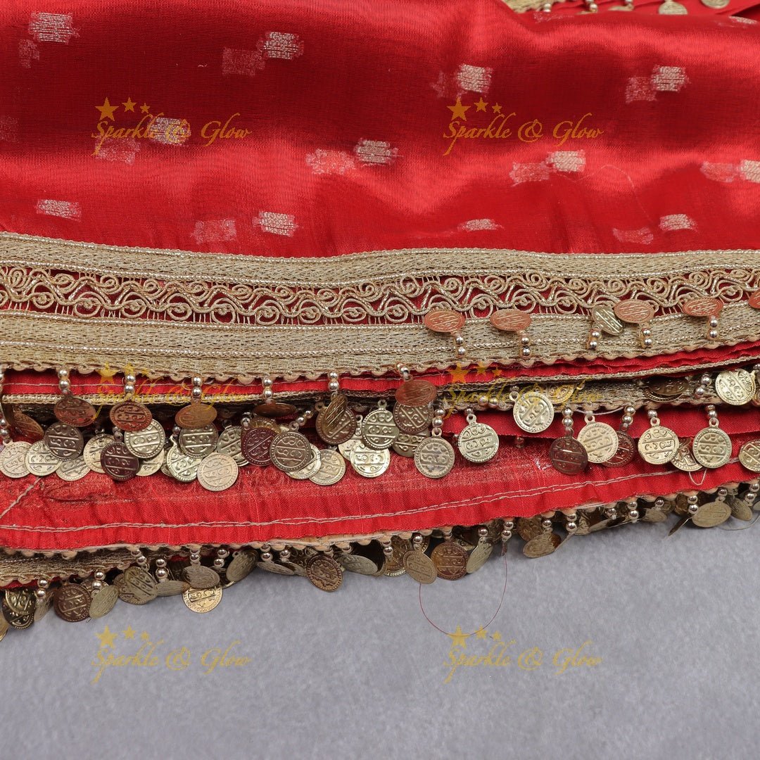 Festive Red Banarasi Silk Saree with Gold Sequin Border & Coin Detailing - Sparkle and Glow - 