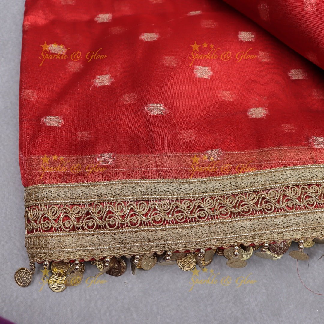 Festive Red Banarasi Silk Saree with Gold Sequin Border & Coin Detailing - Sparkle and Glow - 