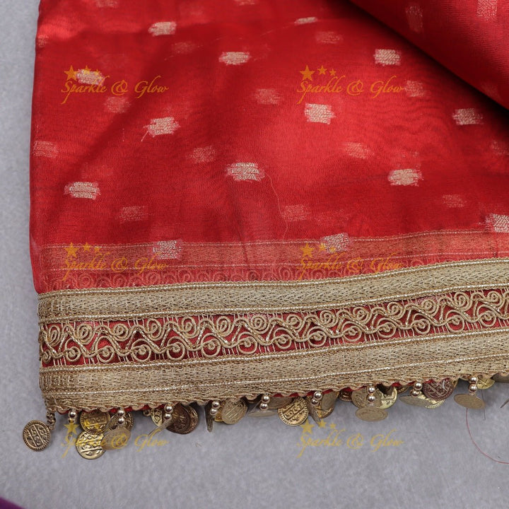 Festive Red Banarasi Silk Saree with Gold Sequin Border & Coin Detailing - Sparkle and Glow - 
