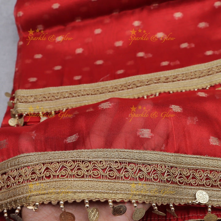 Festive Red Banarasi Silk Saree with Gold Sequin Border & Coin Detailing - Sparkle and Glow - 