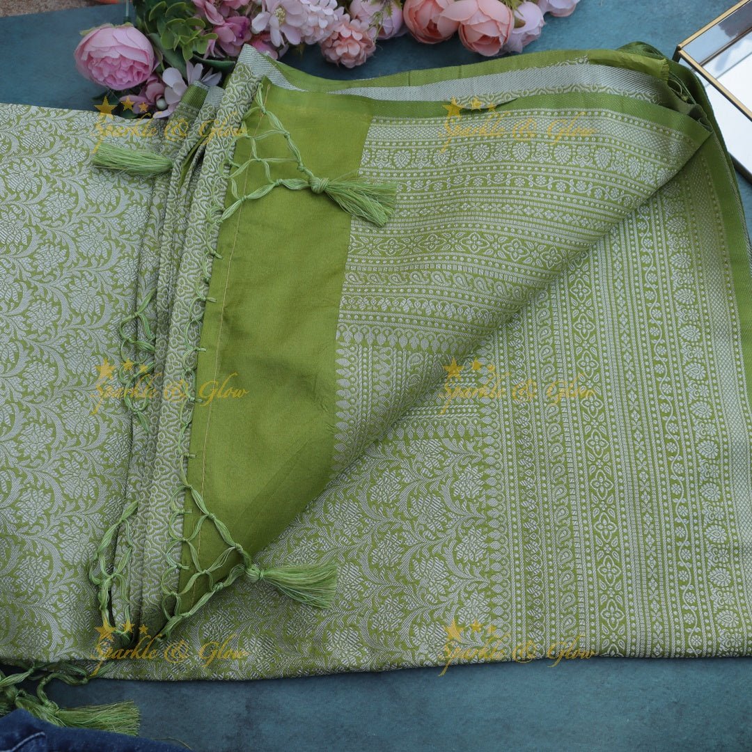 Light Olive Green Banarasi Silk Saree with All - Over Floral Zari Weave - Sparkle and Glow - 
