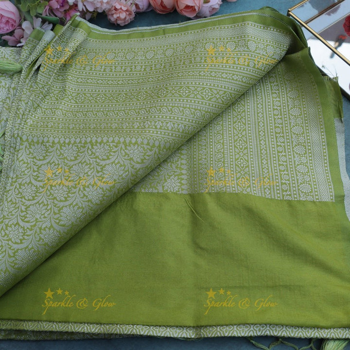 Light Olive Green Banarasi Silk Saree with All - Over Floral Zari Weave - Sparkle and Glow - 