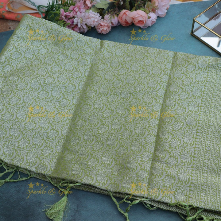Light Olive Green Banarasi Silk Saree with All - Over Floral Zari Weave - Sparkle and Glow - 