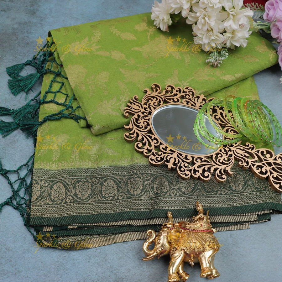 Parrot Green Banarasi Silk Saree with Dark Green Zari Border - Sparkle and Glow - 