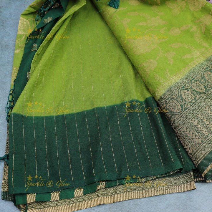 Parrot Green Banarasi Silk Saree with Dark Green Zari Border - Sparkle and Glow - 