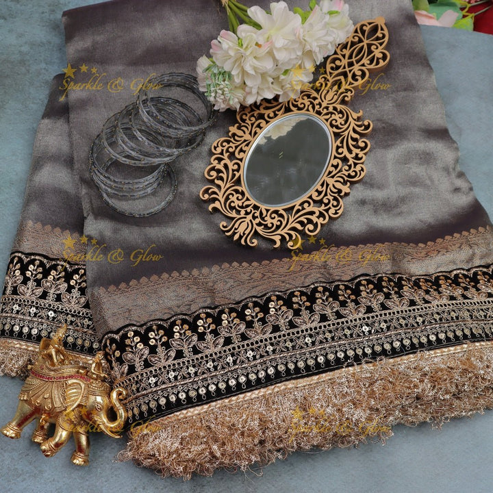 Smoky Grey Satin Silk Saree with Velvet Embroidered Border & Fringe Detailing - Sparkle and Glow - 