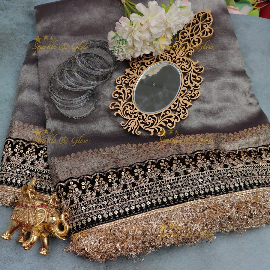 Smoky Grey Satin Silk Saree with Velvet Embroidered Border & Fringe Detailing - Sparkle and Glow - 