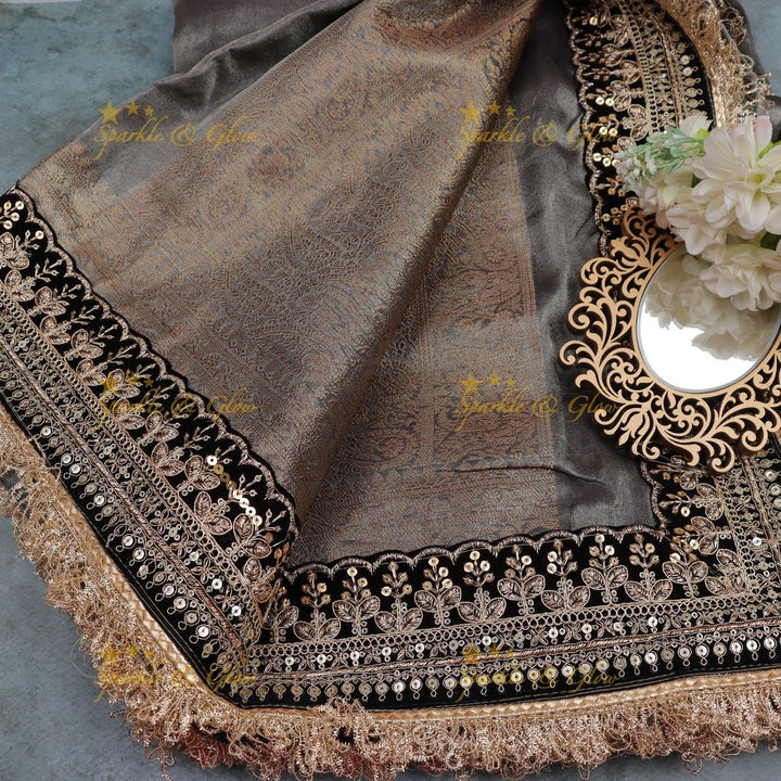 Smoky Grey Satin Silk Saree with Velvet Embroidered Border & Fringe Detailing - Sparkle and Glow - 