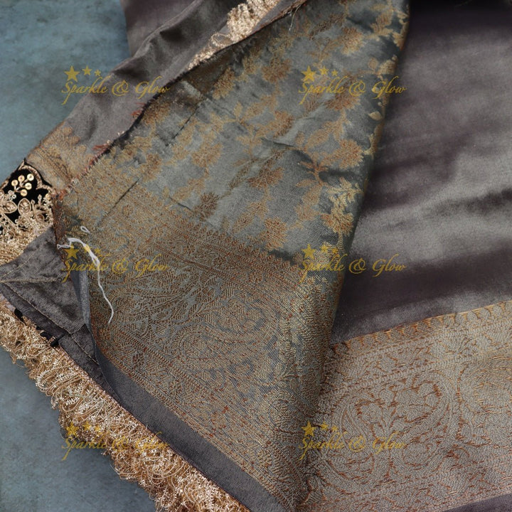 Smoky Grey Satin Silk Saree with Velvet Embroidered Border & Fringe Detailing - Sparkle and Glow - 