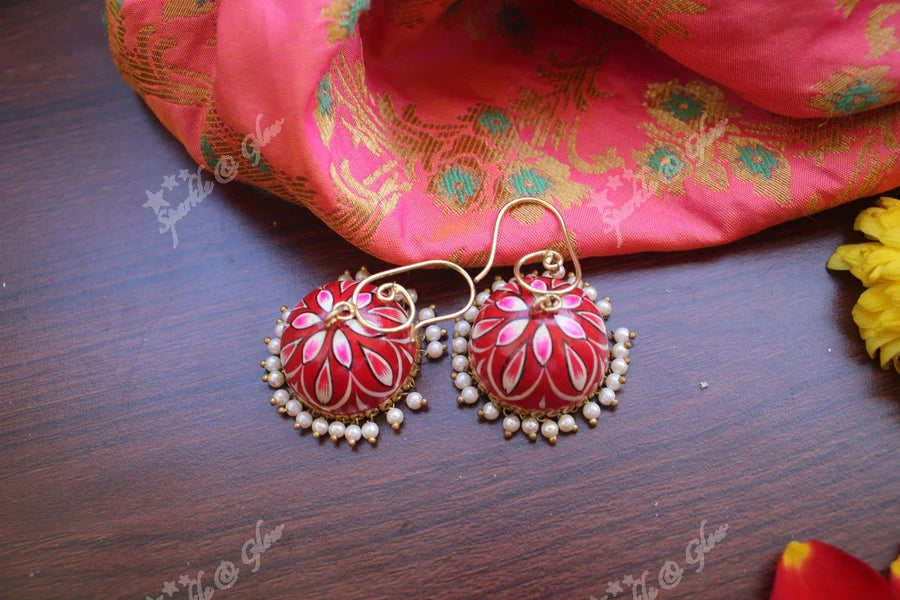 Hand painted floral jhumuaks - Red - Sparkle and Glow