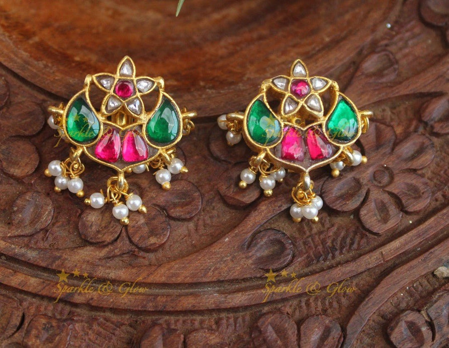 Beautiful Mango Floral Jadau Bugadi Earrings - Sparkle and Glow - 