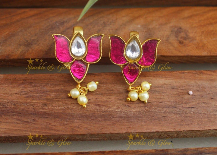 Sparkling Lotus Design Jadau press Bugadi earrings - Pink - Sparkle and Glow - Pink - 
