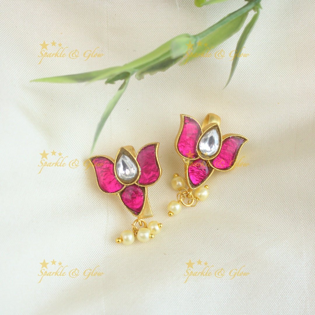 Sparkling Lotus Design Jadau press Bugadi earrings - Pink - Sparkle and Glow - Pink - 