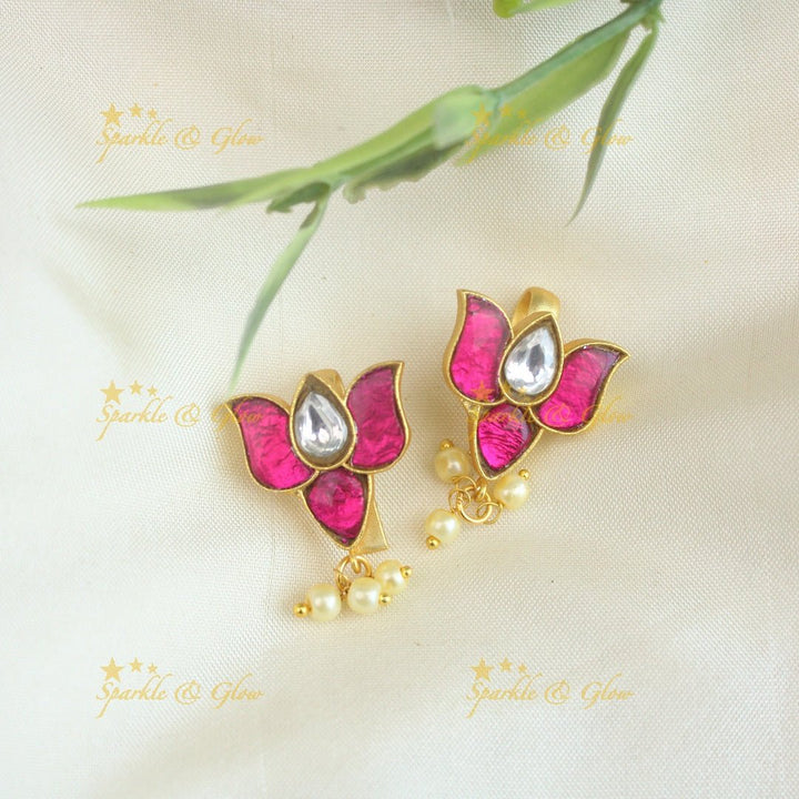 Sparkling Lotus Design Jadau press Bugadi earrings - Pink - Sparkle and Glow - Pink - 