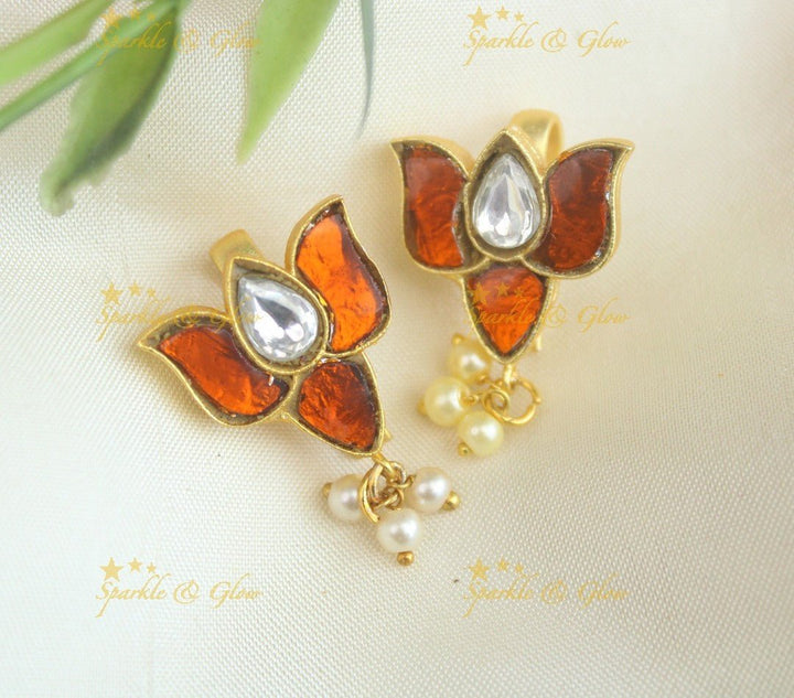 Sparkling Lotus Design Jadau press Bugadi earrings - Pink - Sparkle and Glow - Green - 