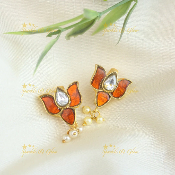 Sparkling Lotus Design Jadau press Bugadi earrings - Pink - Sparkle and Glow - Orange - 