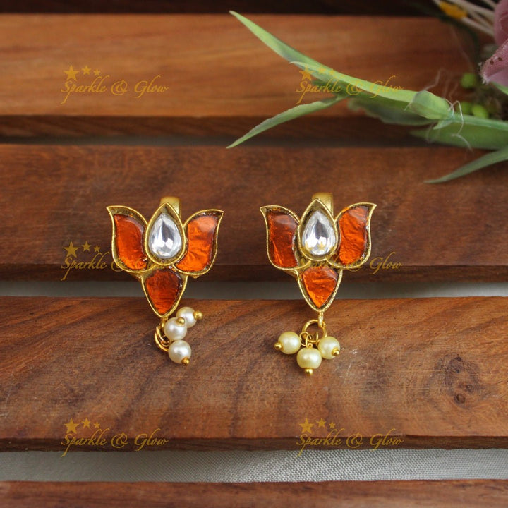 Sparkling Lotus Design Jadau press Bugadi earrings - Pink - Sparkle and Glow - Pink - 