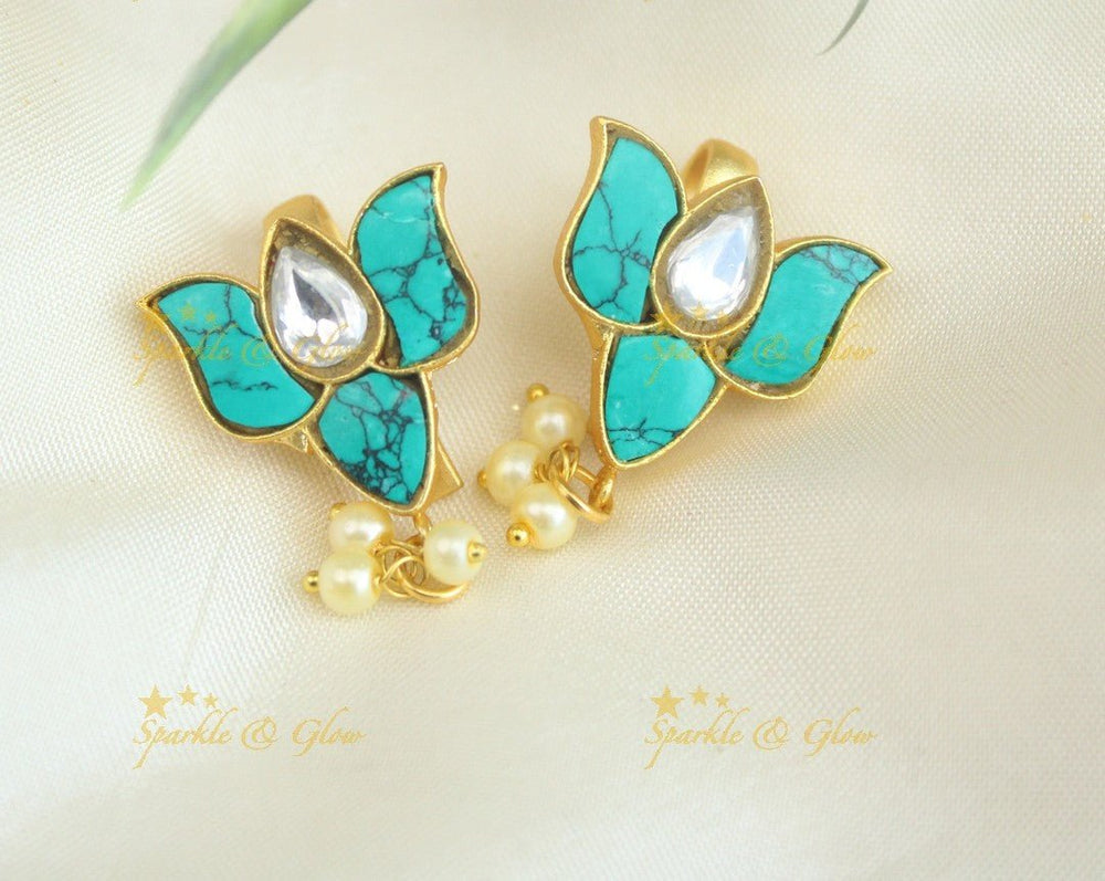 Sparkling Lotus Design Jadau press Bugadi earrings - Pink - Sparkle and Glow - Aqua blue - 