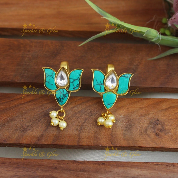 Sparkling Lotus Design Jadau press Bugadi earrings - Pink - Sparkle and Glow - Aqua blue - 