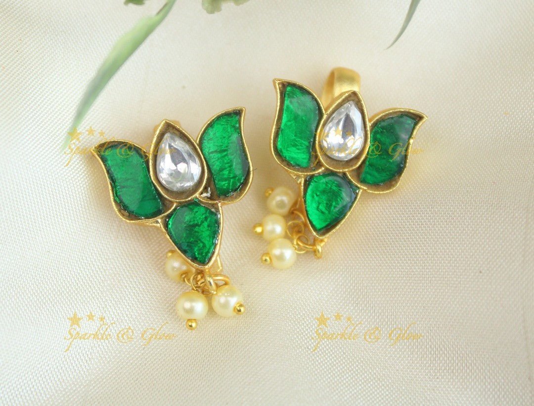 Sparkling Lotus Design Jadau press Bugadi earrings - Pink - Sparkle and Glow - Green - 