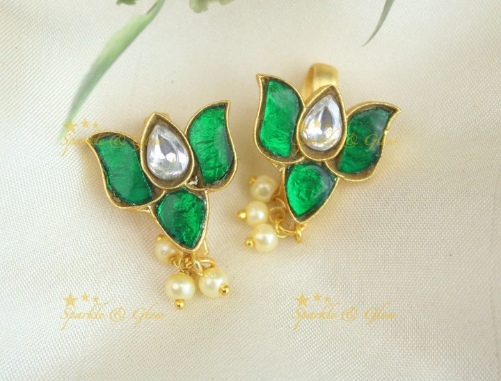 Sparkling Lotus Design Jadau press Bugadi earrings - Pink - Sparkle and Glow - Green - 